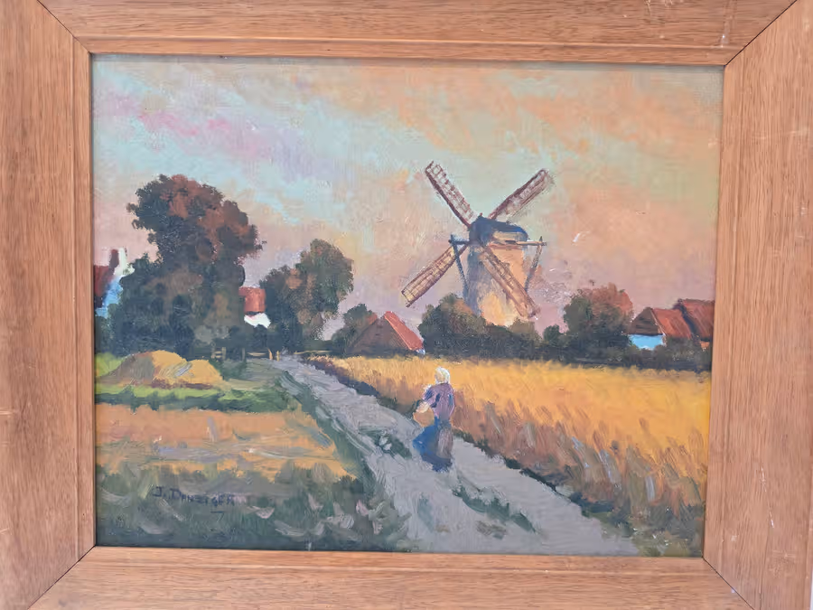 Windmill farm scene in oil by J Danzinger
