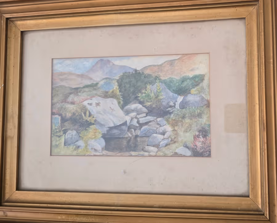 Unsigned watercolor landscape art in frame