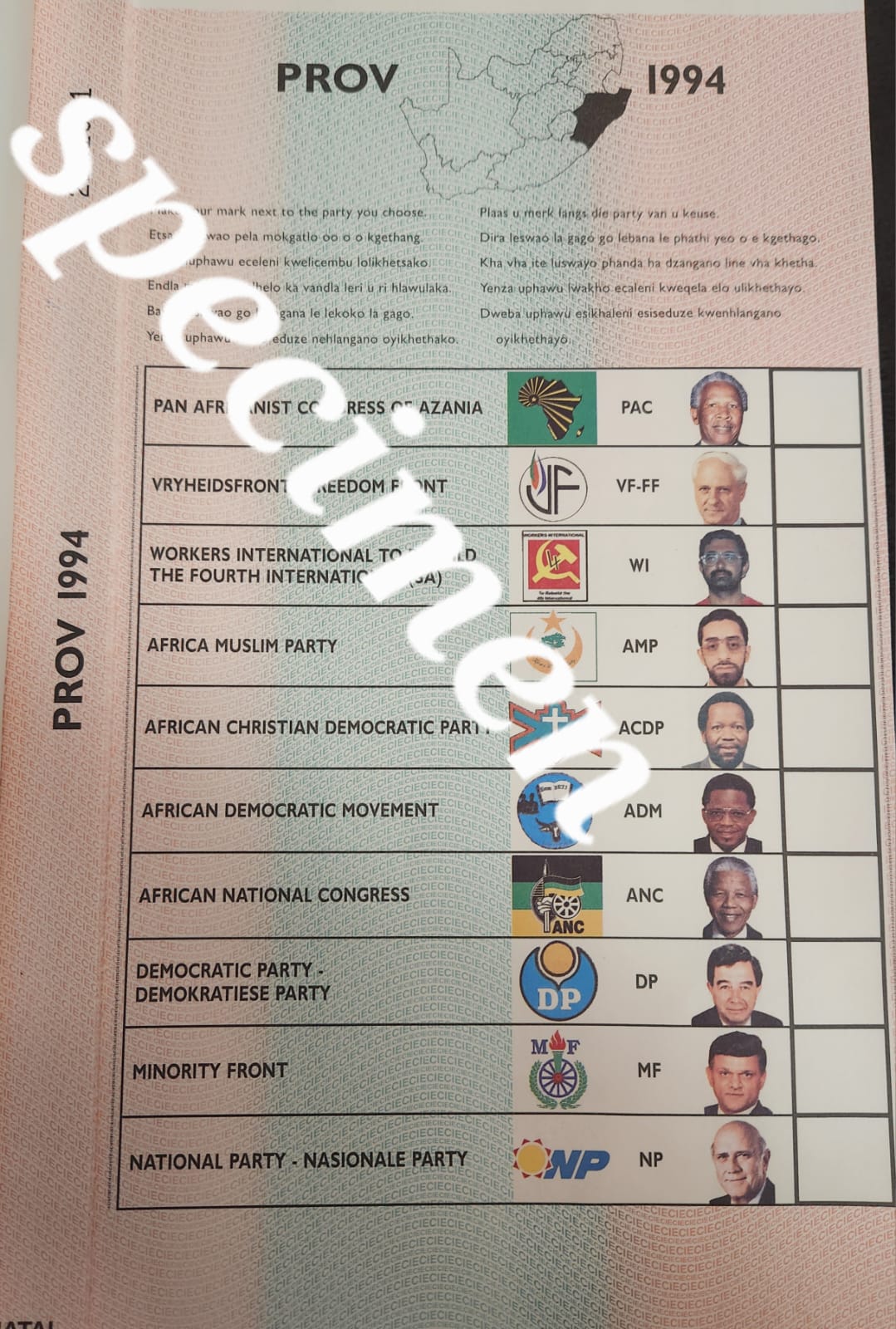 Ballot papers: 1994 provincial